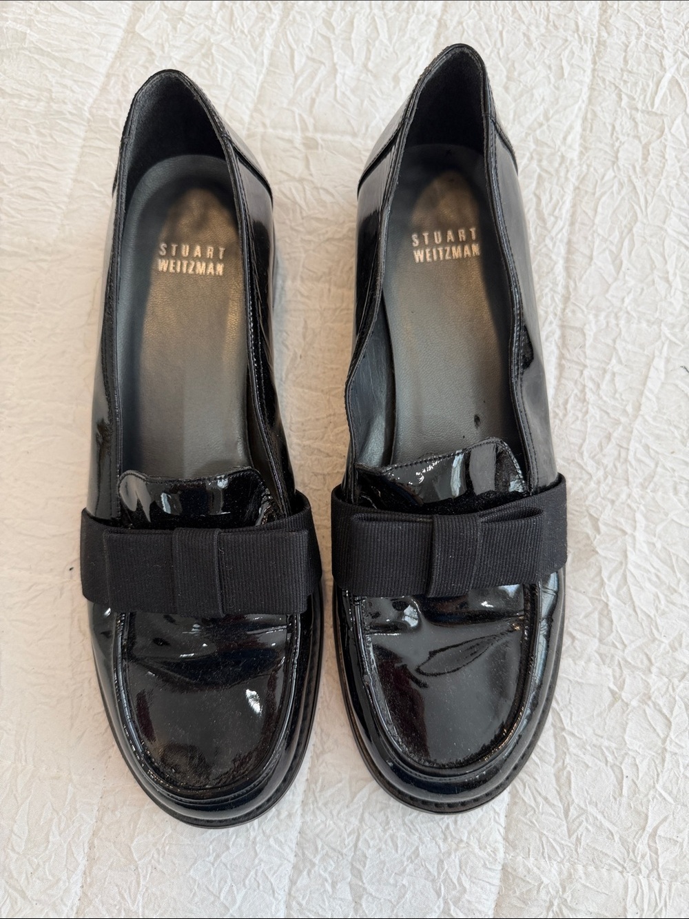 Stuart Weitzman Black Patent Leather Bow Loafers with Grosgrain Bow